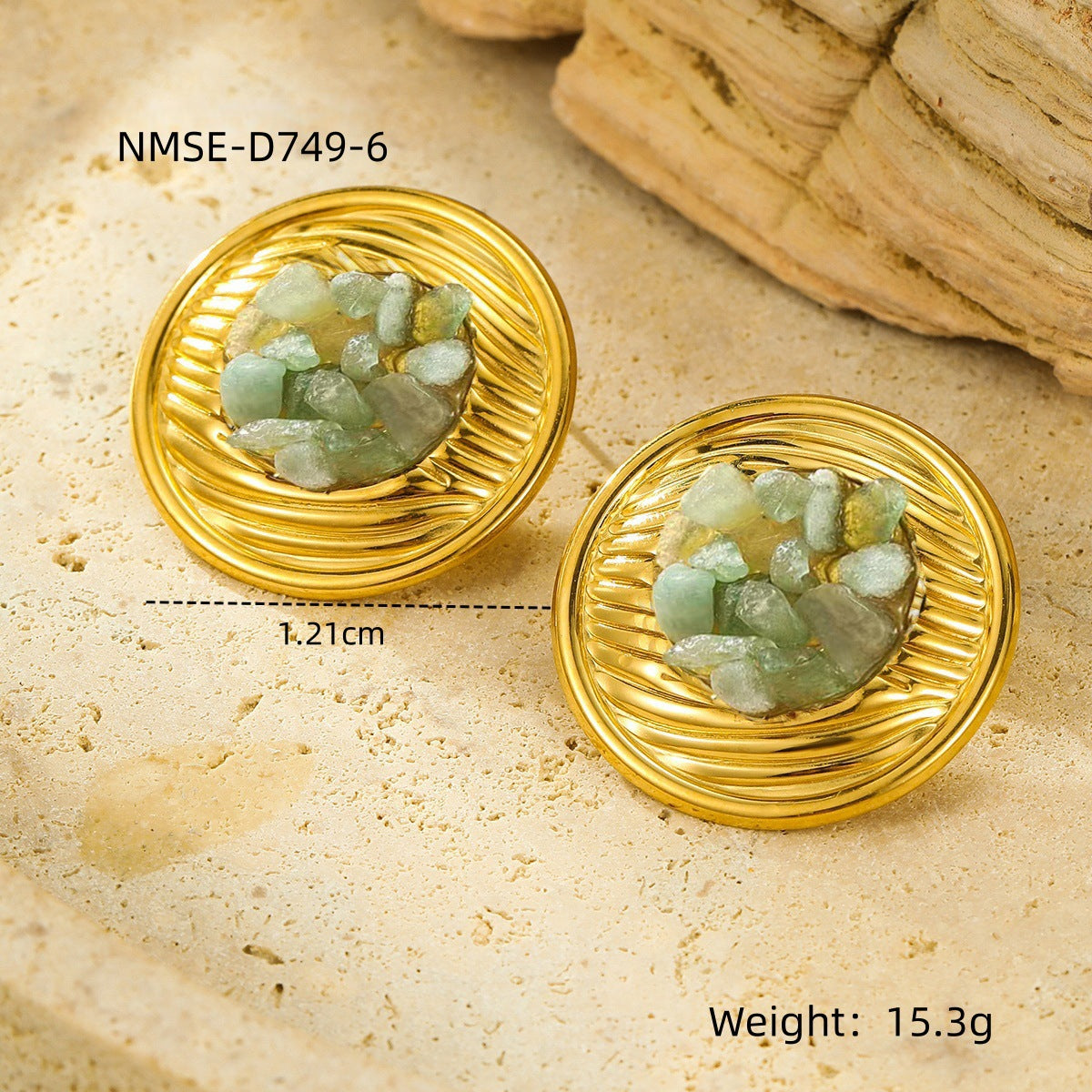 Pendientes de botón minimalistas redondos de acero inoxidable con incrustaciones de piedra natural y acabado chapado