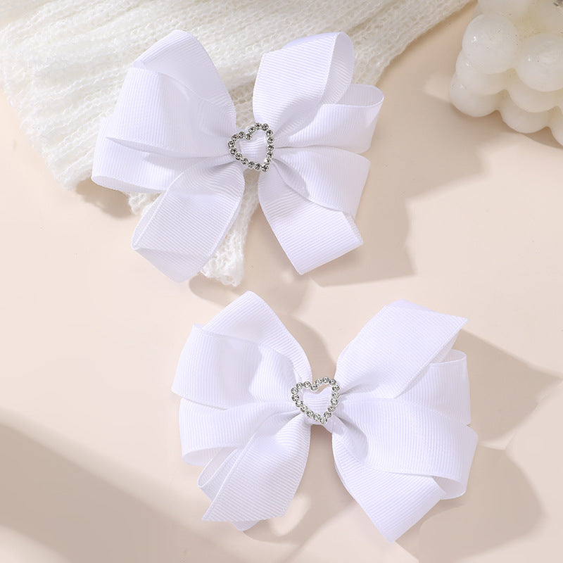 Fermaglio per Capelli a Fiocco Stile Naturale in Raso con Cuore di Strass per Bambine, Forcina a Becco d'Anatra Stile Nastro