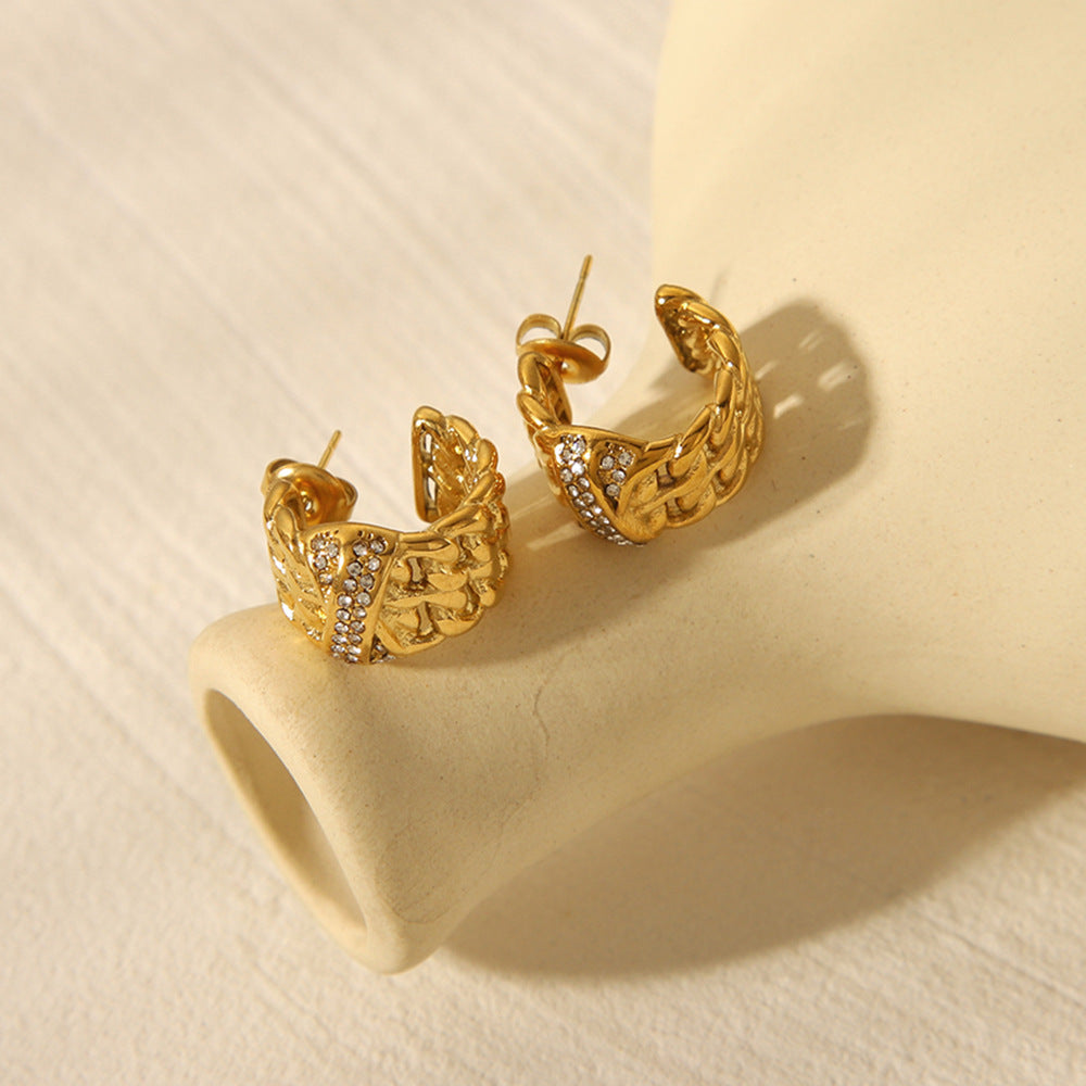 Pendientes de Mujer de Acero Inoxidable Bañados en Oro de 18K con Forma de C, Diseño Geométrico, Cadena de Múltiples Capas y Diamantes de Imitación, Estilo Ins