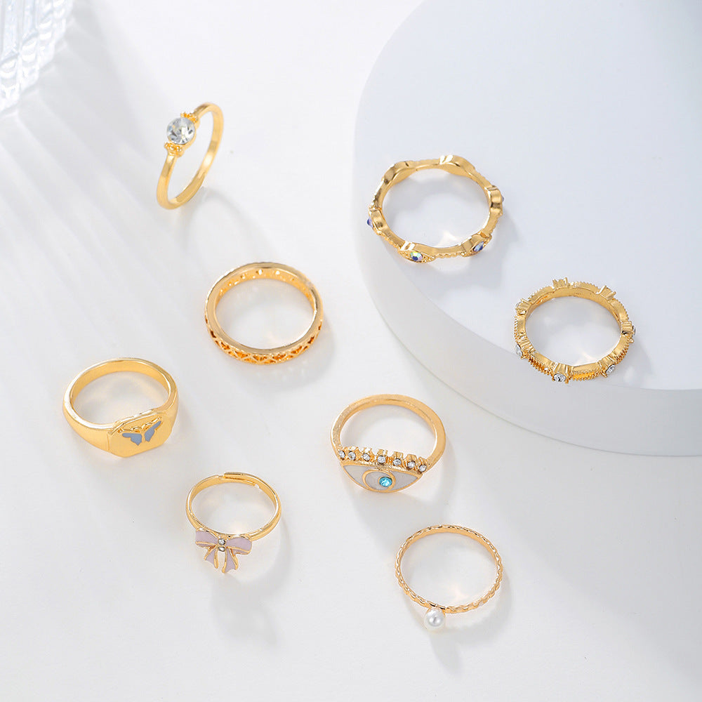 Geometric Alloy Plated Drip Oil Rhinestone Crystal Butterfly Evil Eye Joint Ring Set