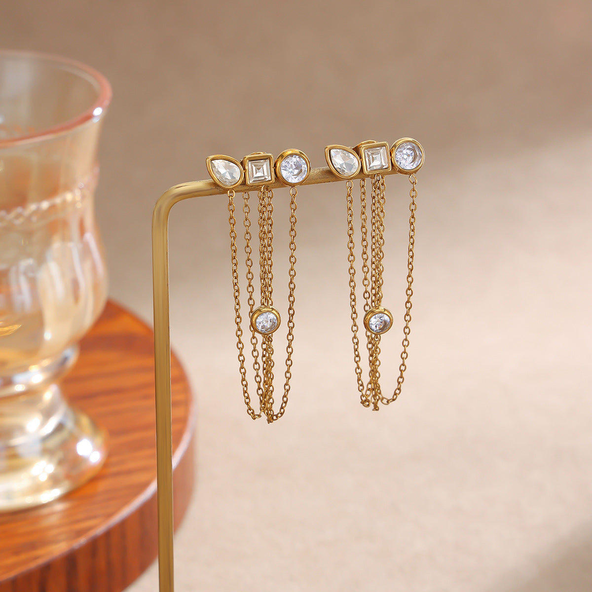 Sweet Geometric Teardrop Rhinestone PVD Plated Stainless Steel Earrings with Multi-layer Chain Tassel