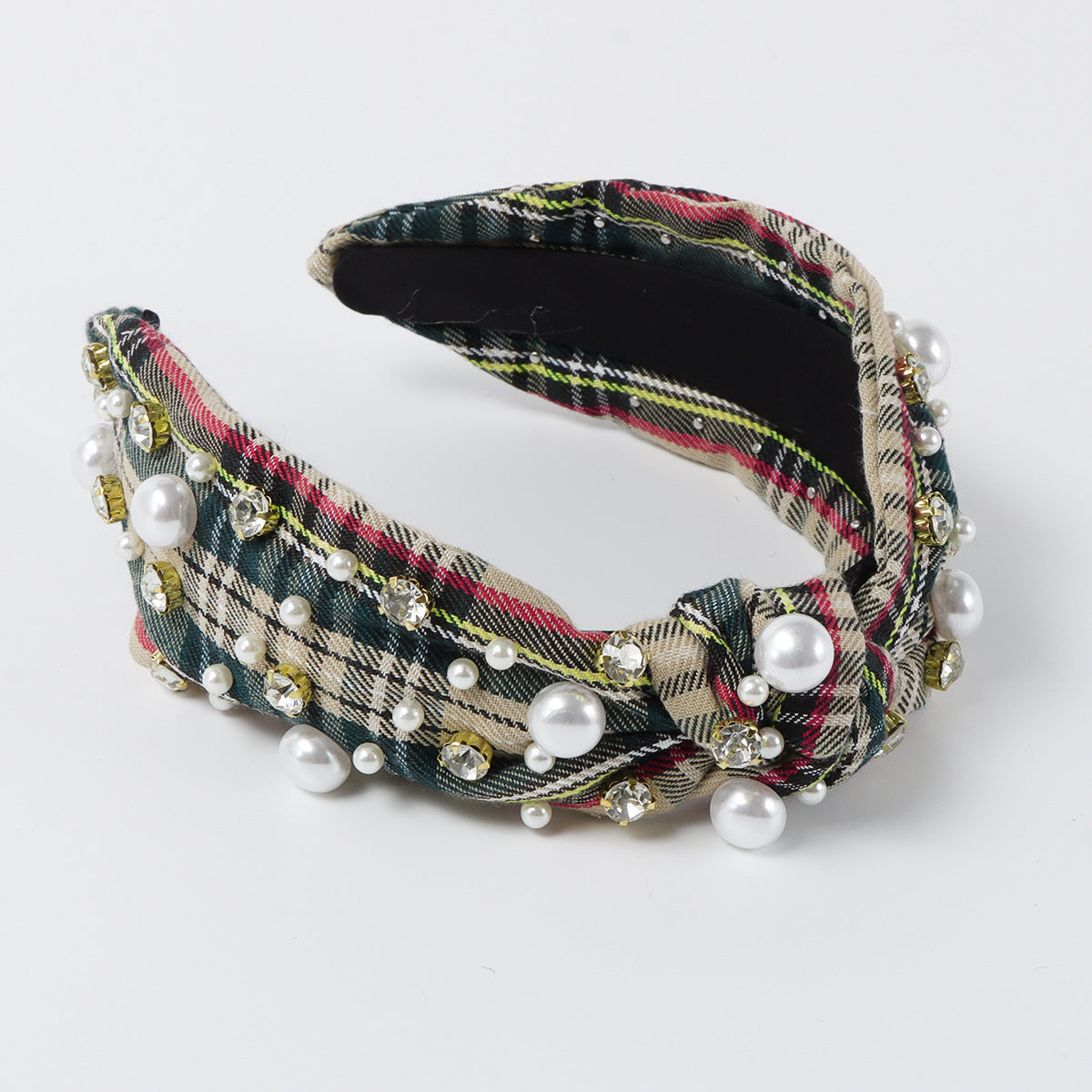 Diadema de tela con perlas y cuadros geométricos de estilo vintage chic para mujer, con incrustaciones de diamantes de imitación y banda ancha anudada