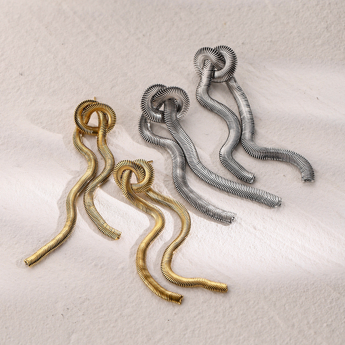 INS Style Irregular Tassel Earrings in Stainless Steel with Gold Plating and White Gold Tone Line Texture