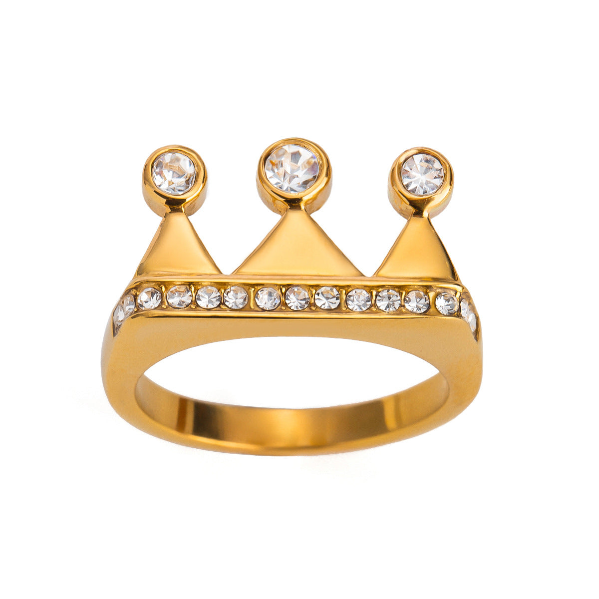 Elegant Geometric Stainless Steel Crown Ring with Cubic Zirconia and Rhinestone Plating for Women