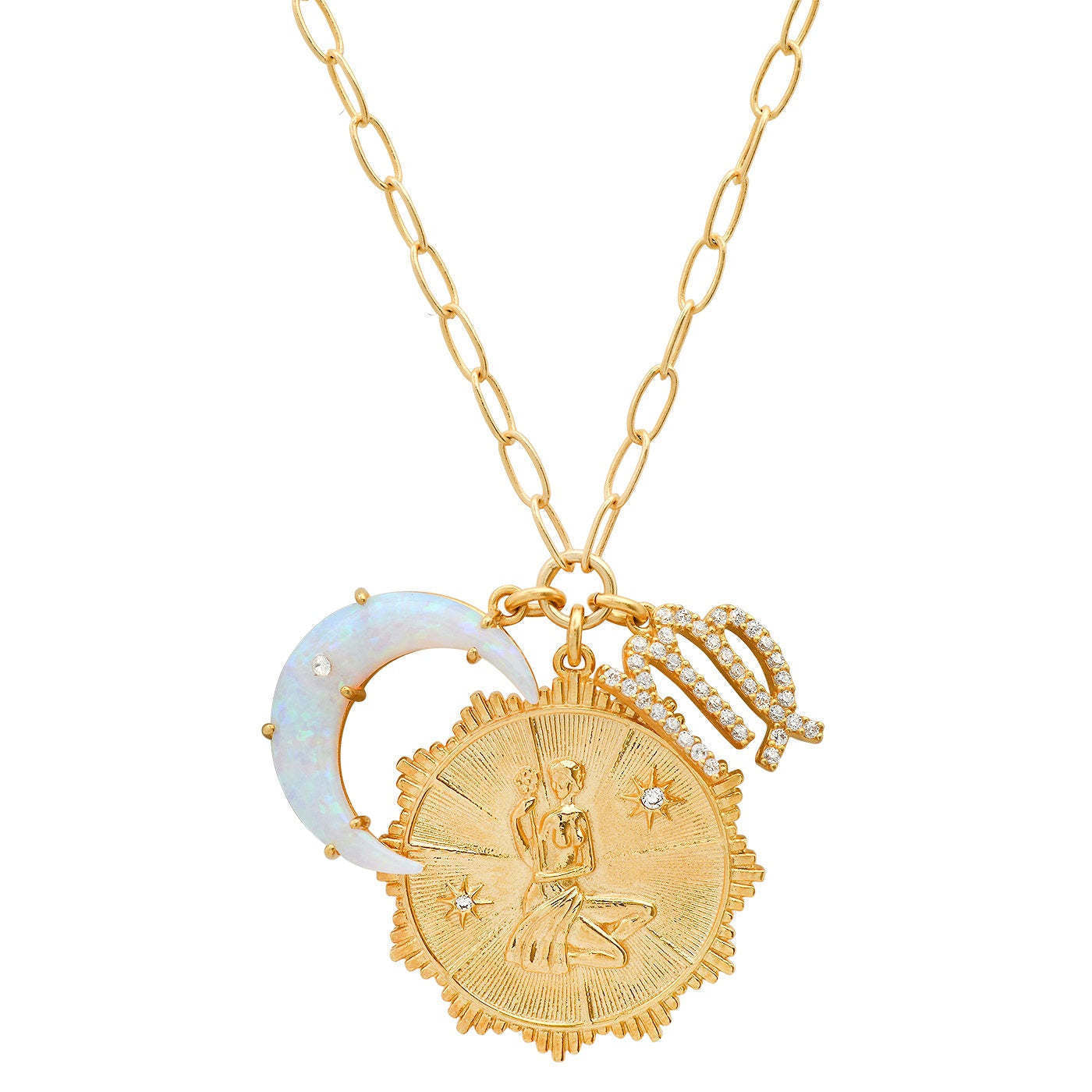 Collana con Pendente Vintage Segno Zodiacale Luna con Opale in Rame con Zirconi Micro-Pave, a Mezzaluna, Catenina Regolabile per Clavicola