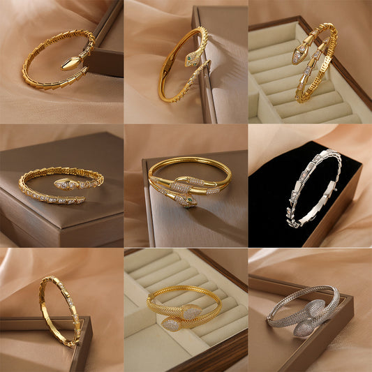 Vintage Snake-Shaped Copper Bracelet with Real Gold Plating and Micro-Paved Zirconia for Women