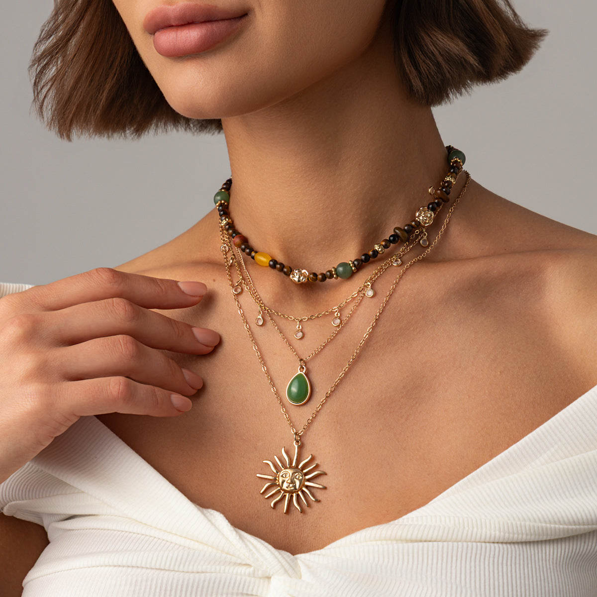Vintage Geometric Teardrop Zinc Alloy Pendant Plated Multi-layer Necklace for Women