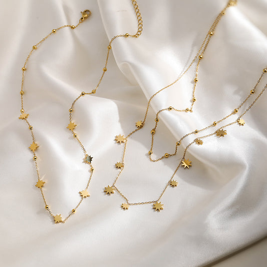 Elegante Collar con Colgante de Estrella de Ocho Puntas Geométrico para Mujer con Cadena Locket de Acero Inoxidable Bañado en Oro de 18K