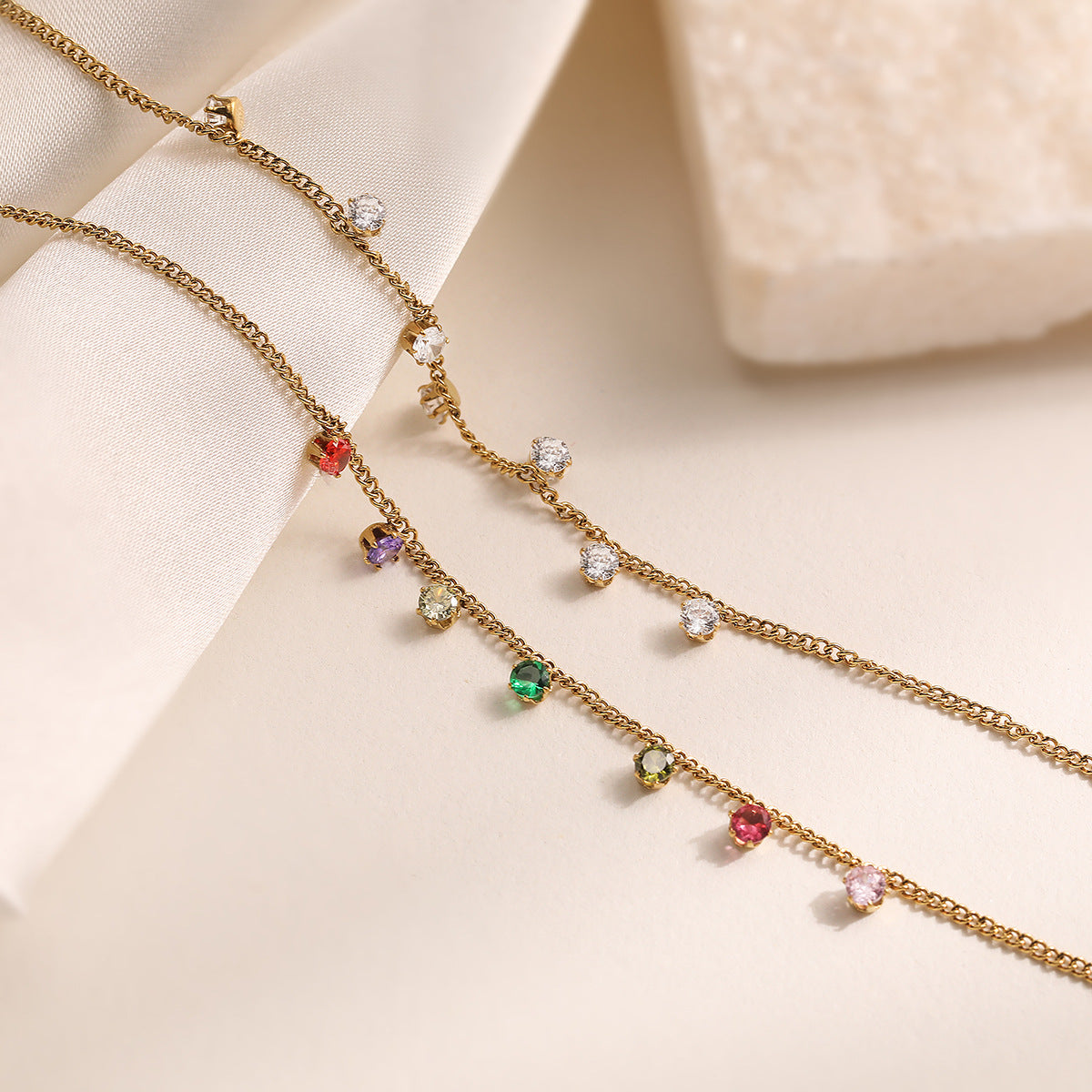 Minimalist Elegant 18K Gold Plated Geometric Gemstone Inlay Stainless Steel Bracelet for Women