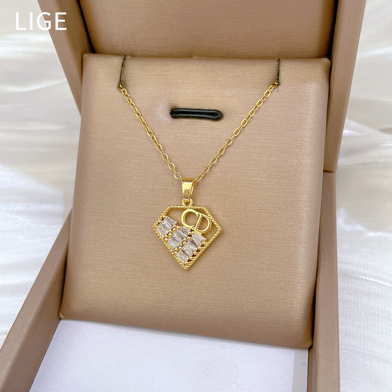 Geometric Heart CD Pendant Necklace for Women and Men Stainless Steel Snake Chain with Rhinestone Inlay Elegant Minimalist Locket Necklace