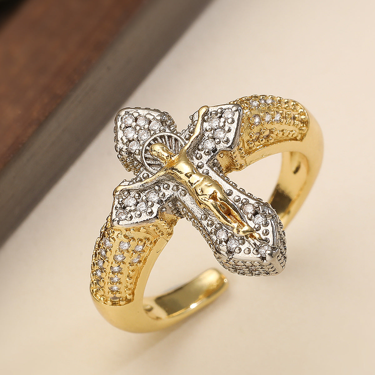 Minimalist Geometric Cross-Shape Copper Ring with Micro-Pave Zirconia for Women