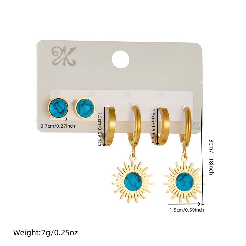 Vintage Fashion Round Turquoise Pendant Necklace Set Stainless Steel Earrings