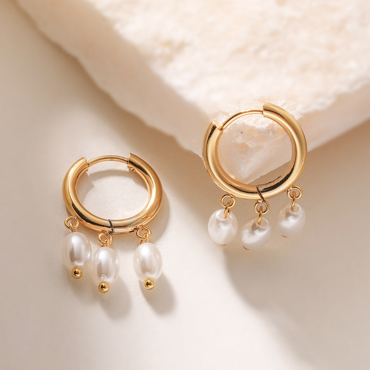 Minimalist Elegant Geometric Pearl Inlay Stainless Steel Earrings