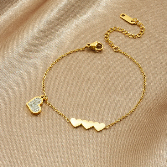 Minimalist Gold Plated Heart Rhinestone Stainless Steel Bracelet