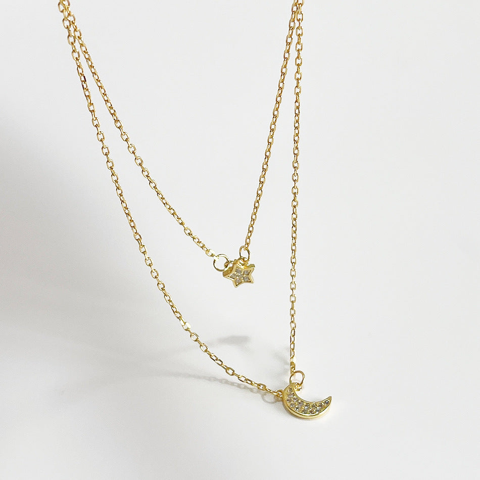 Collana da donna minimalista in argento sterling 925 placcato oro con ciondolo a stella e luna e catena a sfere