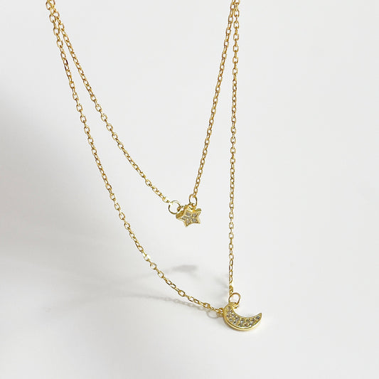 Collar minimalista de plata de ley 925 chapado en oro con colgante de estrella y luna y cadena de bolitas para mujer