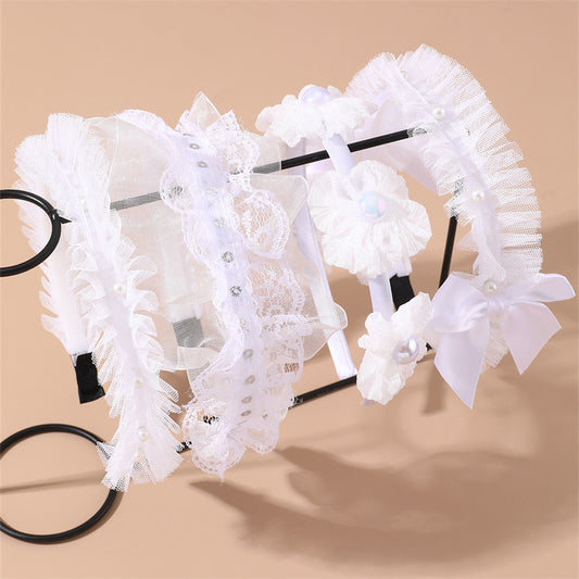 Sweet Lace and Tulle Bow Hairband with Pearl Accents for Girls, Geometric Shape Design, Dripped Resin Finish