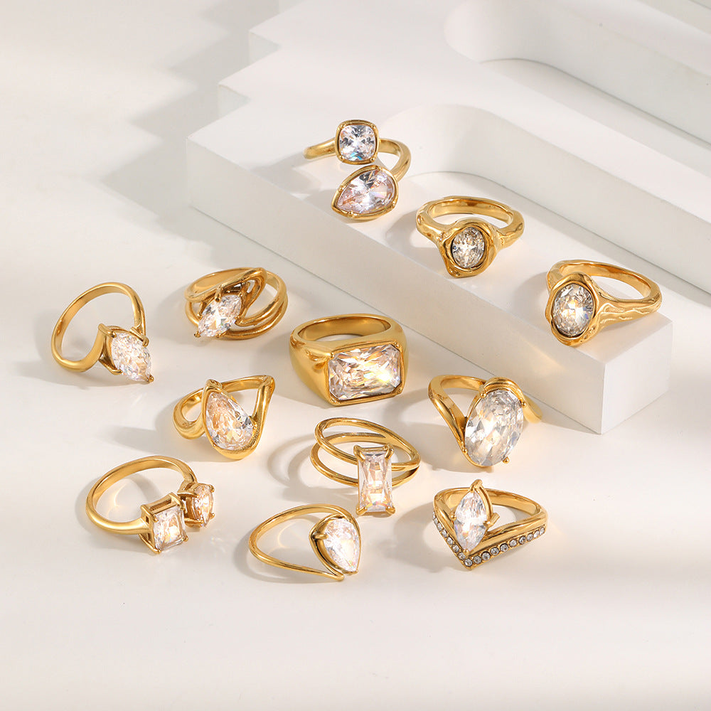 Luxury Minimalist Marquise Teardrop Geometric Gold Plated Stainless Steel Ring with Cubic Zirconia for Women
