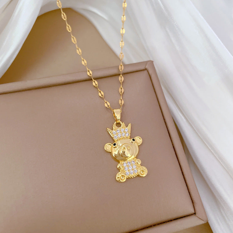 Minimalist Crown Bear Pendant Necklace in Titanium Steel with Rhinestone Accents for Women and Men