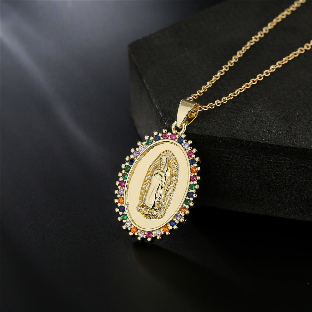 Minimalist Geometric Brass Micro-Inlaid Cubic Zirconia Necklace with Gold Plated Mary Pendant