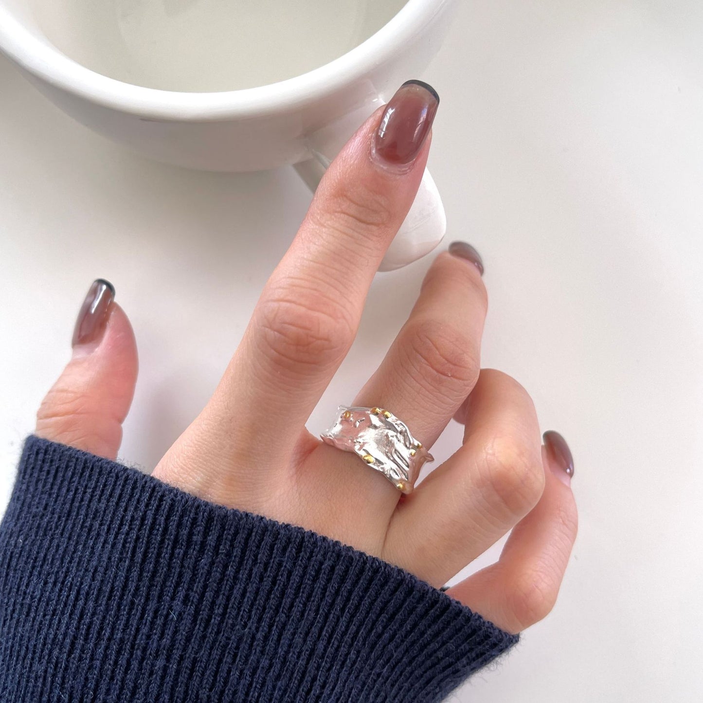 Irregular Textured Wrinkled S925 Sterling Silver Ring for Women Original Design