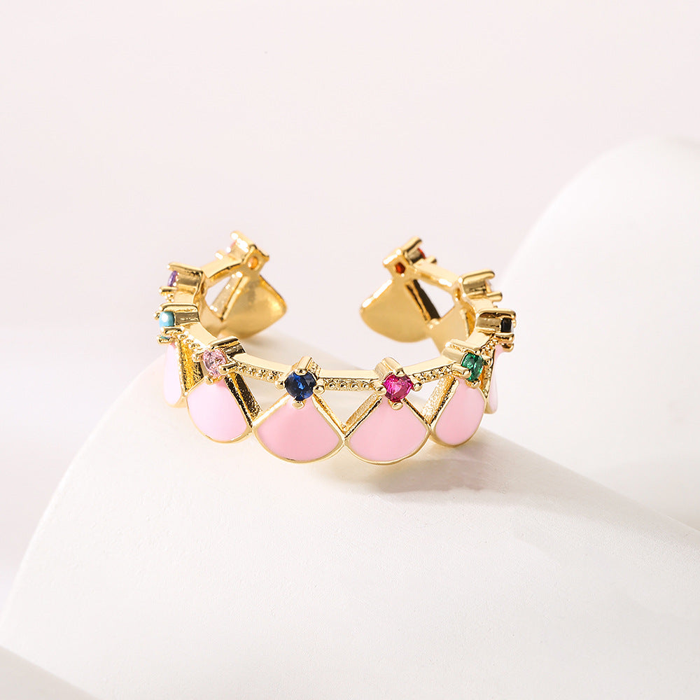 Anello Aperto Geometrico da Donna con Base in Rame Placcato in Oro 18K e Intarsio in Zirconia Smaltata