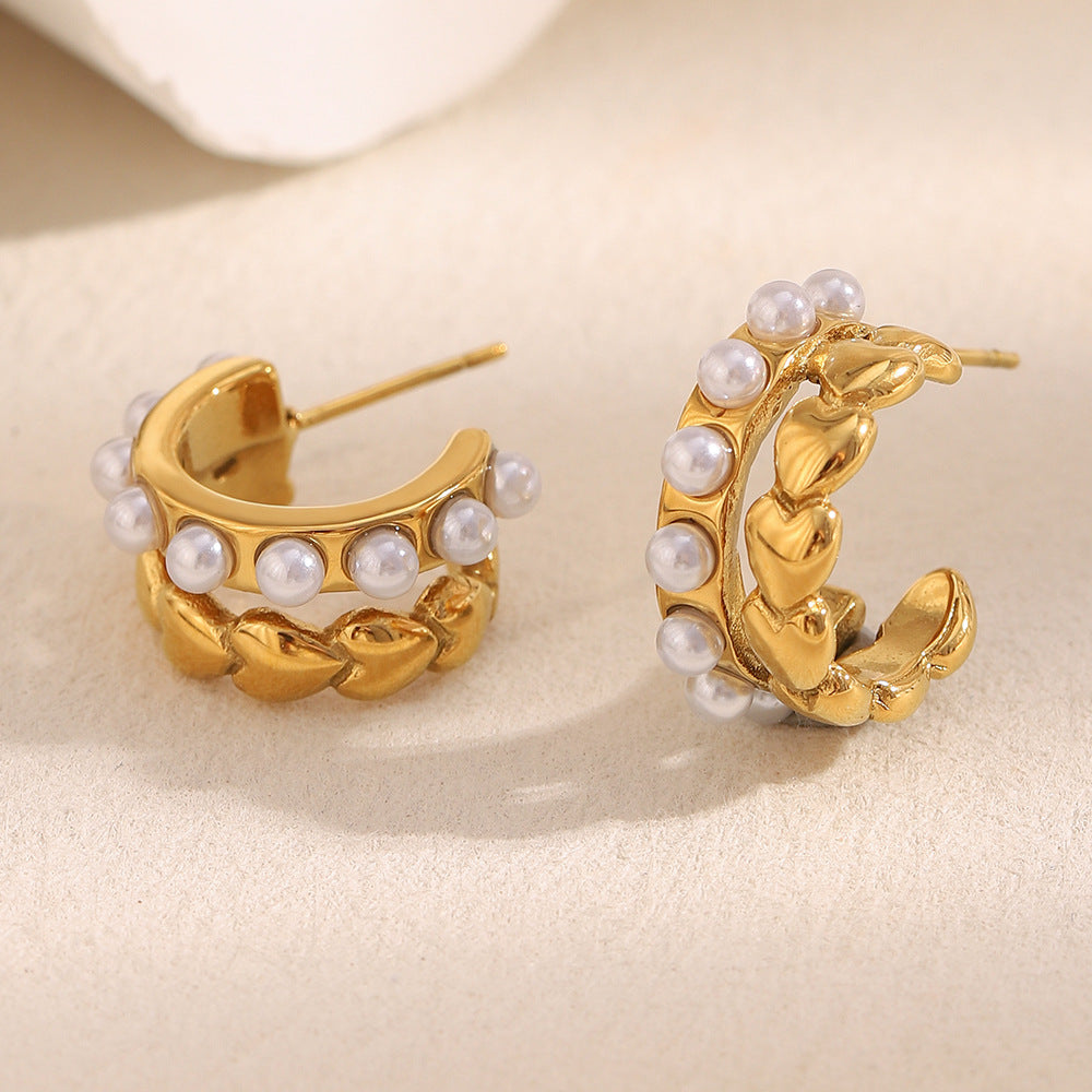 Minimalist Heart-Shaped Stainless Steel Earrings with 18K Gold Plating and Simulated Pearl Accents for Women