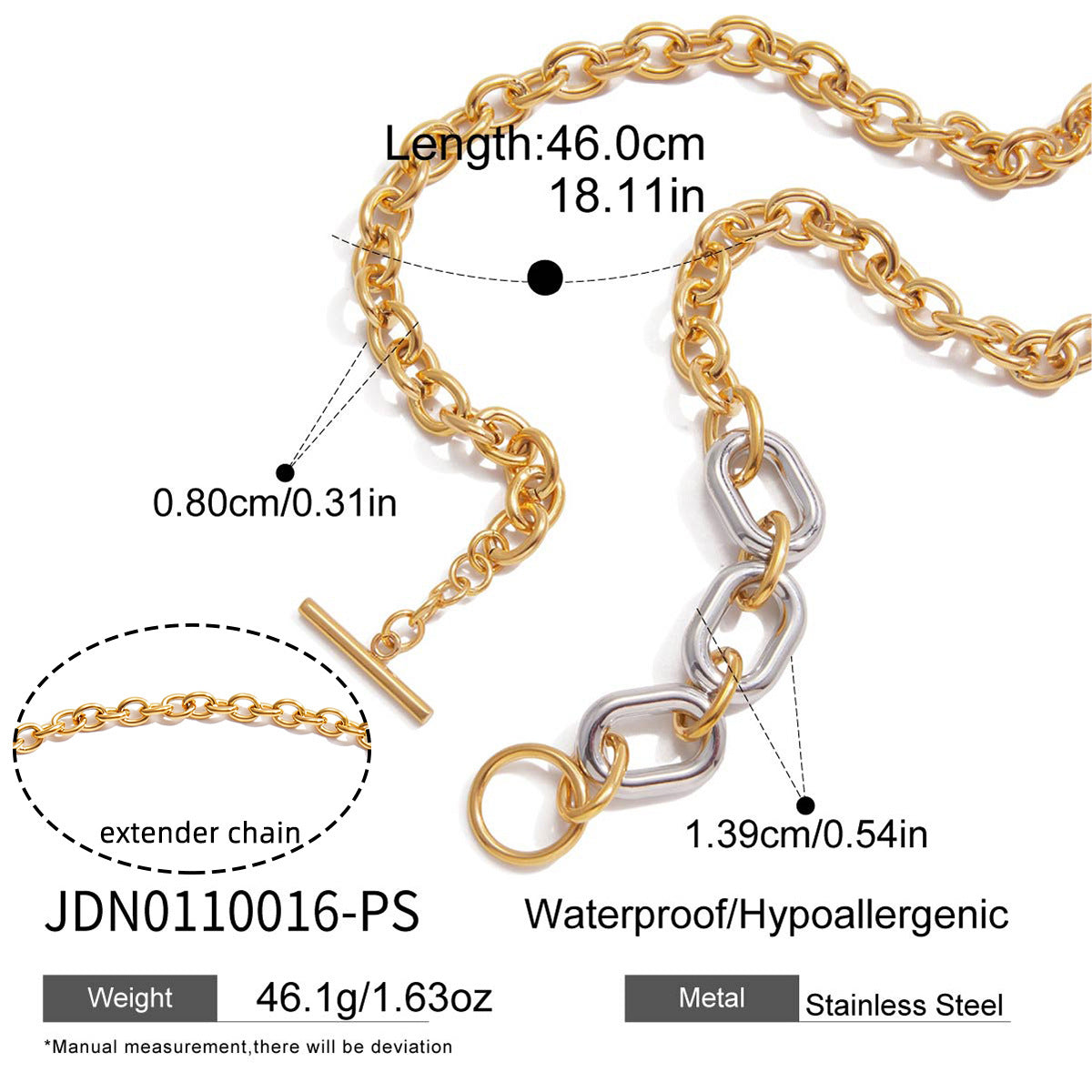 Collana da donna a catena in acciaio al titanio placcato PVD oro 18 carati bicolore geometrica minimalista