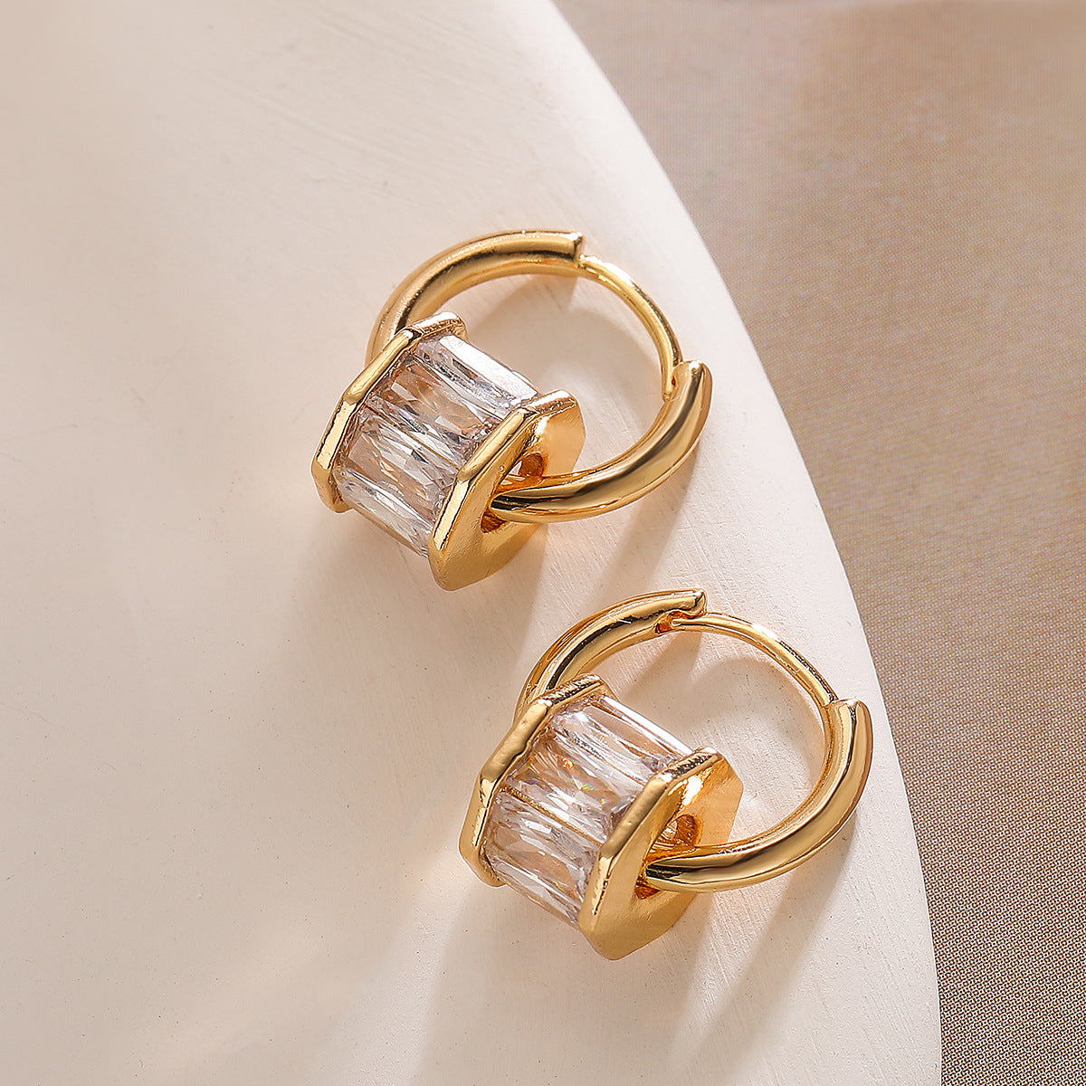 Minimalist Geometric Hoop Earrings for Women in Copper with Real Gold Plating and Zircon Inlay