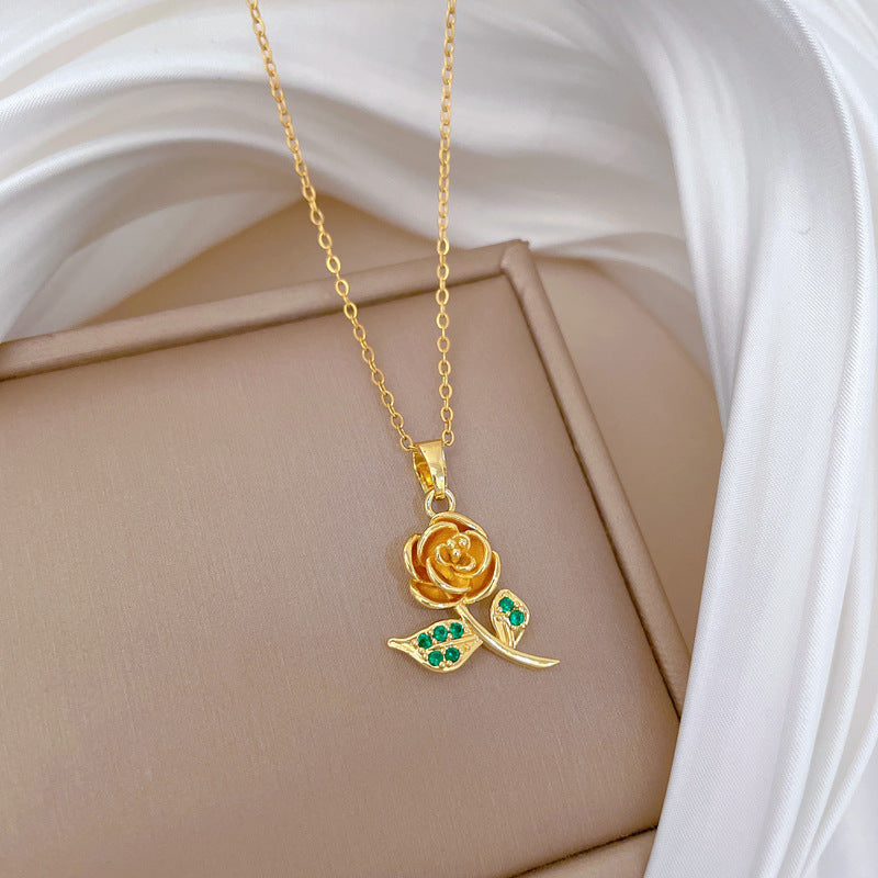 Collana da donna minimalista con foglie e rosa in zirconi, catena delicata in acciaio inossidabile con motivo botanico naturale