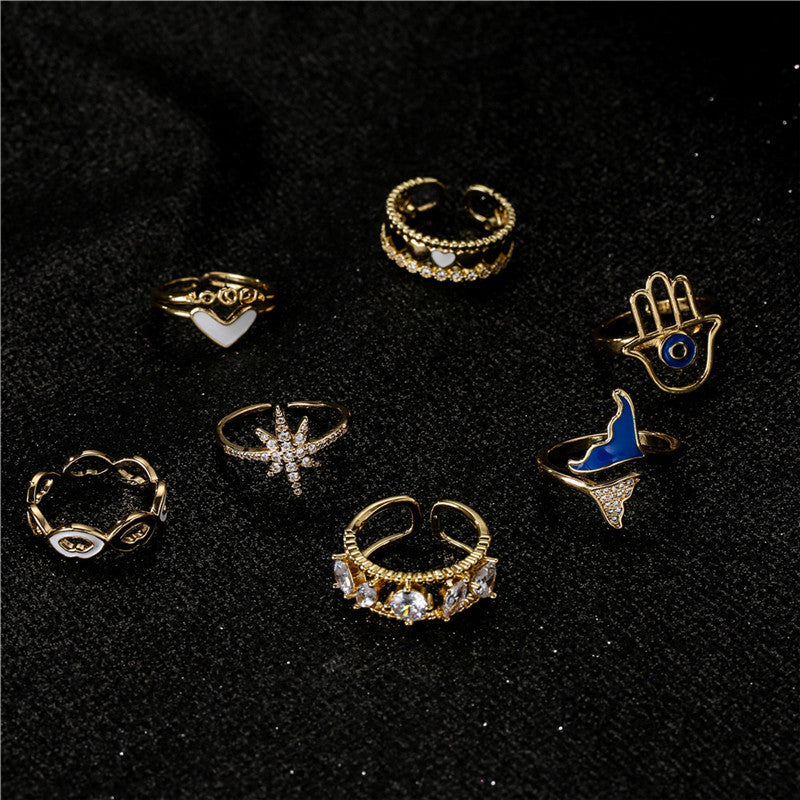 Vintage Bohemian Heart Geometric Micro-inlay Brass Ring for Women