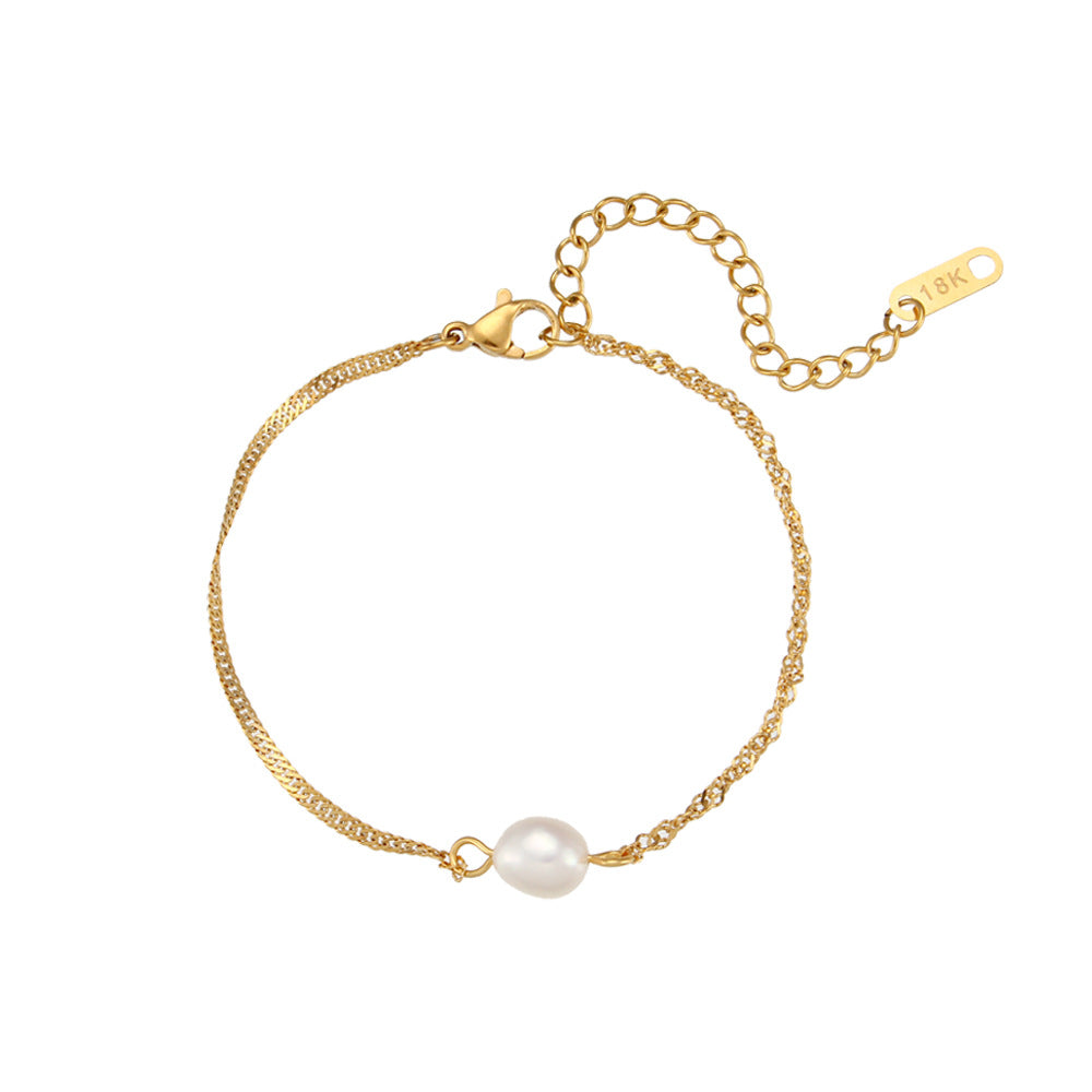 Minimalist Geometric Pearl Pendant Necklace and Bracelet Set in Titanium Steel with Plated Finish for Women