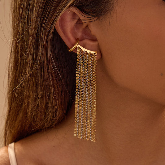 Minimalist Geometric Stainless Steel Clip-On Earrings with Plated Finish and Tassel Accents