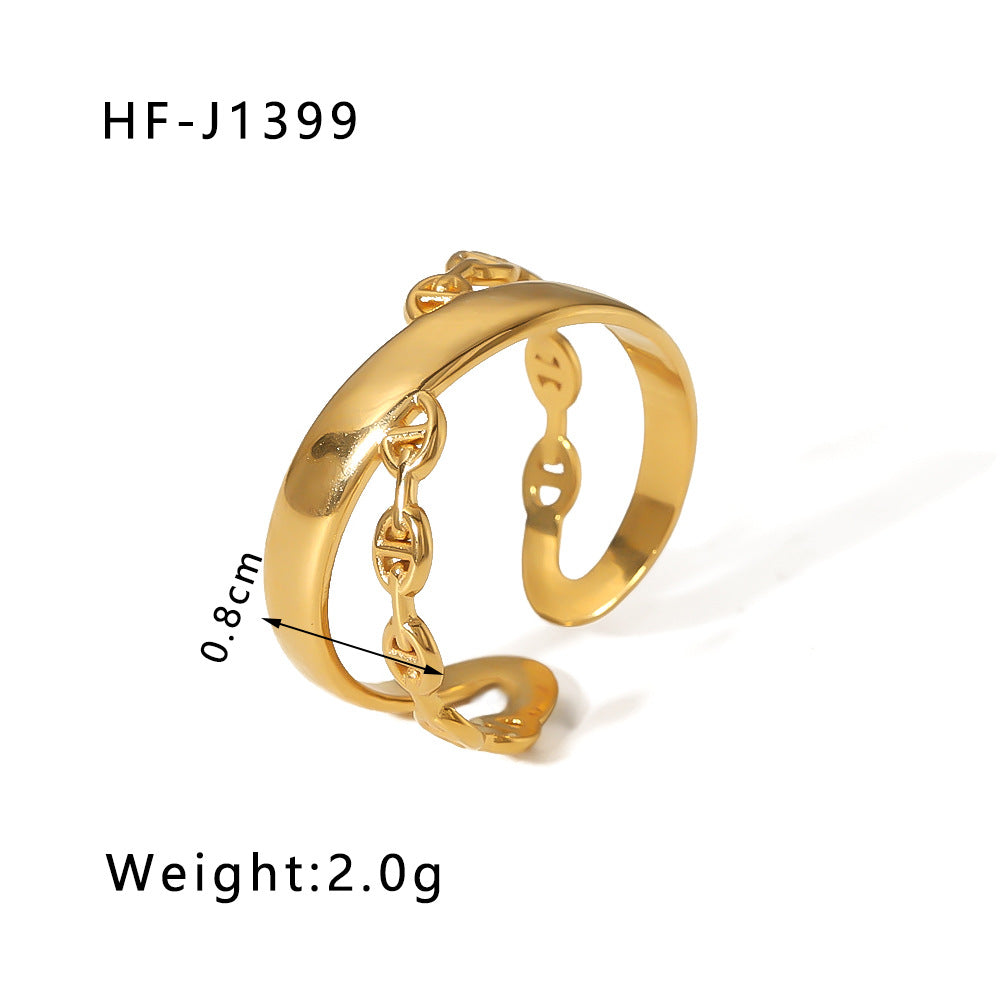 Minimalist Instagram Style Geometric Hollow Leaf and Floral Titanium Steel Ring with 18K Gold Plating for Women