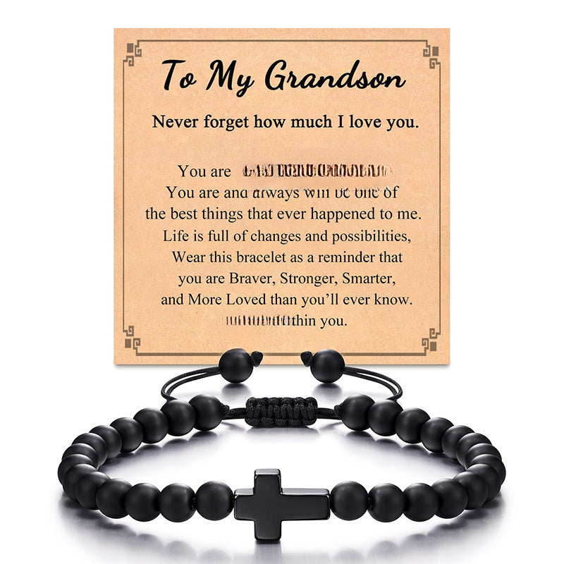 Matte Black Agate Cross Beaded Bracelet for Men