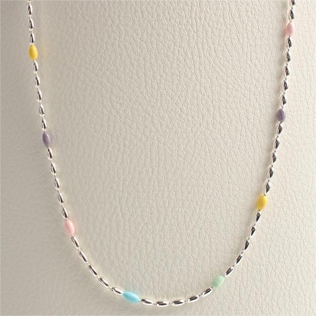 Minimalist Geometric Rainbow Olive Bead Necklace in 925 Sterling Silver with Snake Chain and Tulip Floral Accents