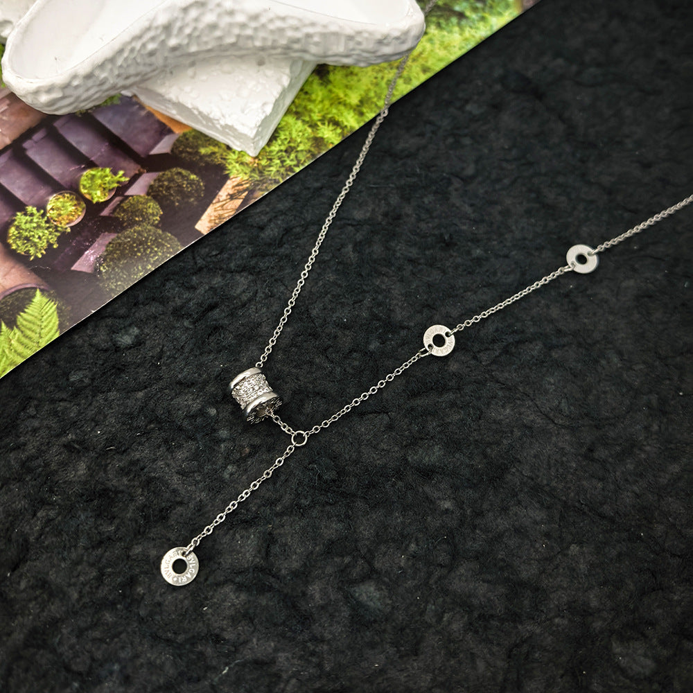 Minimalist Geometric Circle Roman Numeral Pendant Necklace for Women in Titanium Steel with Rhinestone Inlay and Plated Finish