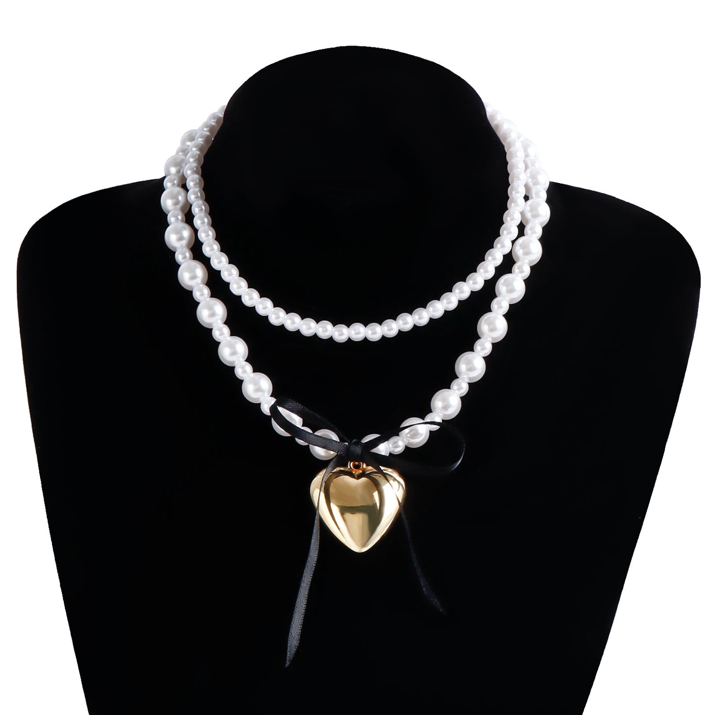 Sweet and Edgy Black Satin Ribbon Bow Heart Pendant Necklace for Women with Imitation Pearl Accents and Gold-Plated Alloy Charm on Clavicle Chain