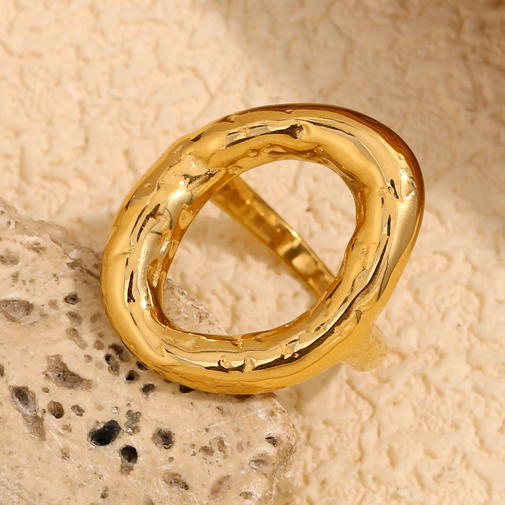 Minimalist Fashion Stainless Steel Ring with Hammered Texture and Irregular Circular Shape Plated in 18K Gold for Women