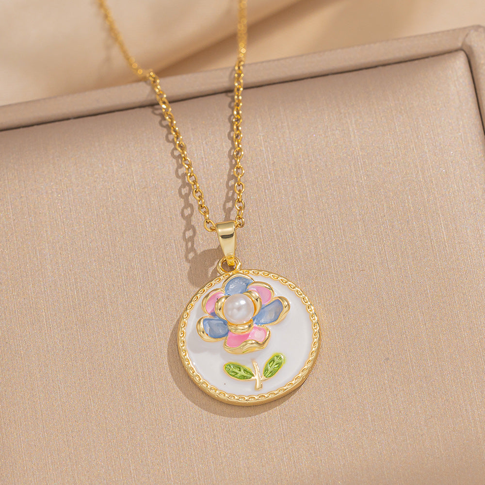 Baroque Style Leaf-Shaped Titanium Steel Necklace with Tulip Floral Motif, Vacuum-Plated for Hypoallergenic Wear, O-Chain Design