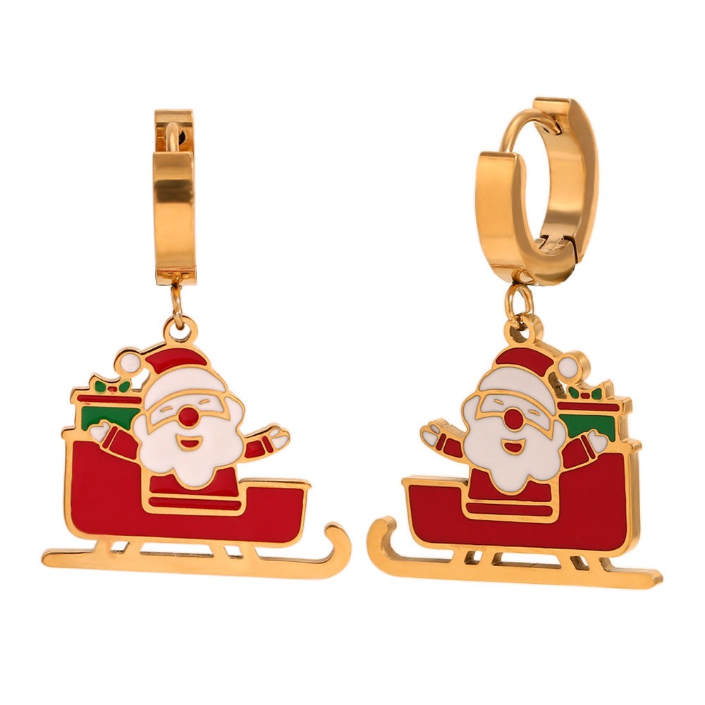 Fashionable Cartoon Santa Claus Sled Earrings in Stainless Steel with 18K Gold Plating and Enamel Finish for Christmas