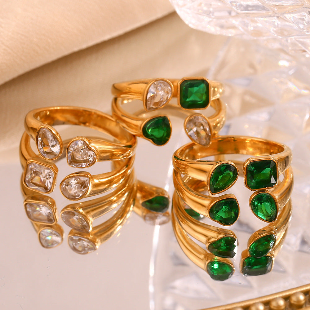 Minimalist Heart-Shaped Stainless Steel Ring with 18K Gold Plating and Double-Layer Open Band Featuring Cubic Zirconia Droplet Accents