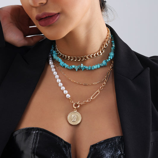 Collar bohemio geométrico con perlas de imitación para mujer con colgante de aleación galvanizada y cadena de clavícula