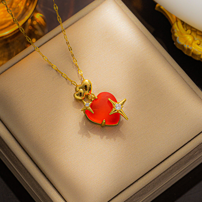 Collana Minimalista con Ciondolo a Cuore, Fiocchi e Strass in Acciaio al Titanio Placcato su Catena a O