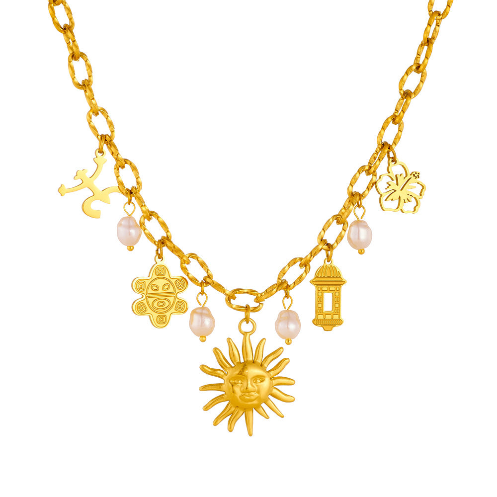Chic Gold Plated Stainless Steel Sun Flower Geometric Pearl Pendant Necklace Cable Chain for Women