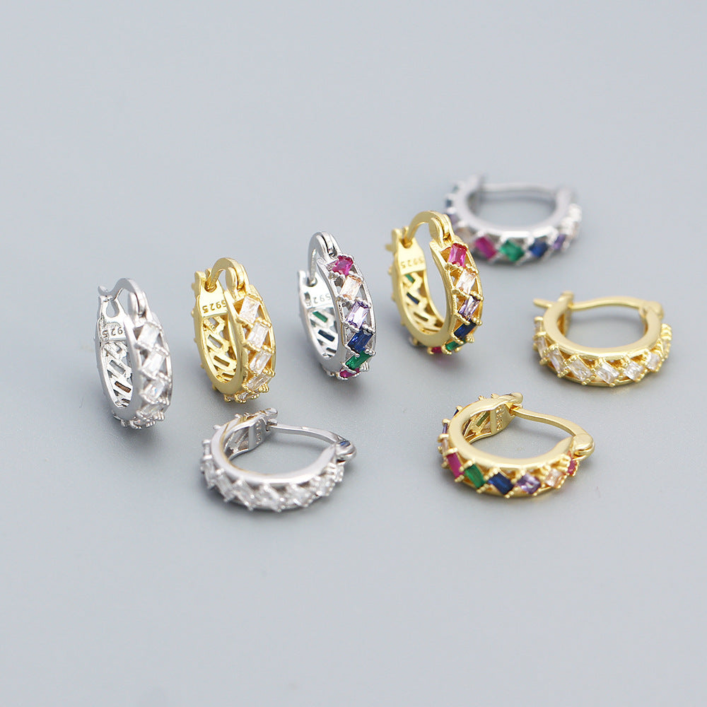 Orecchini a cerchio da donna in argento Sterling 925 minimalisti con zirconi cubici quadrati geometrici