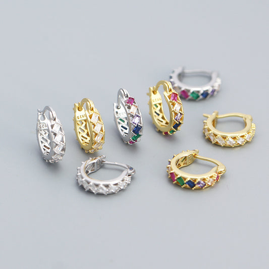 Minimalist 925 Sterling Silver Geometric Square Cubic Zirconia Hoop Earrings for Women