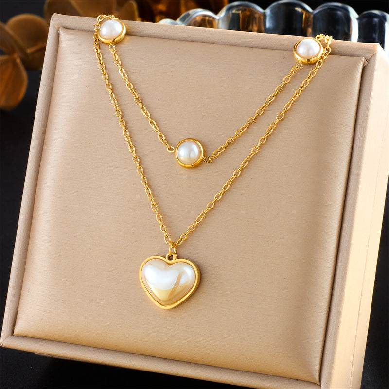 Vintage Minimalist Gold-Plated Stainless Steel Heart Butterfly Eye Pearl Pendant Multi-Layer Necklace