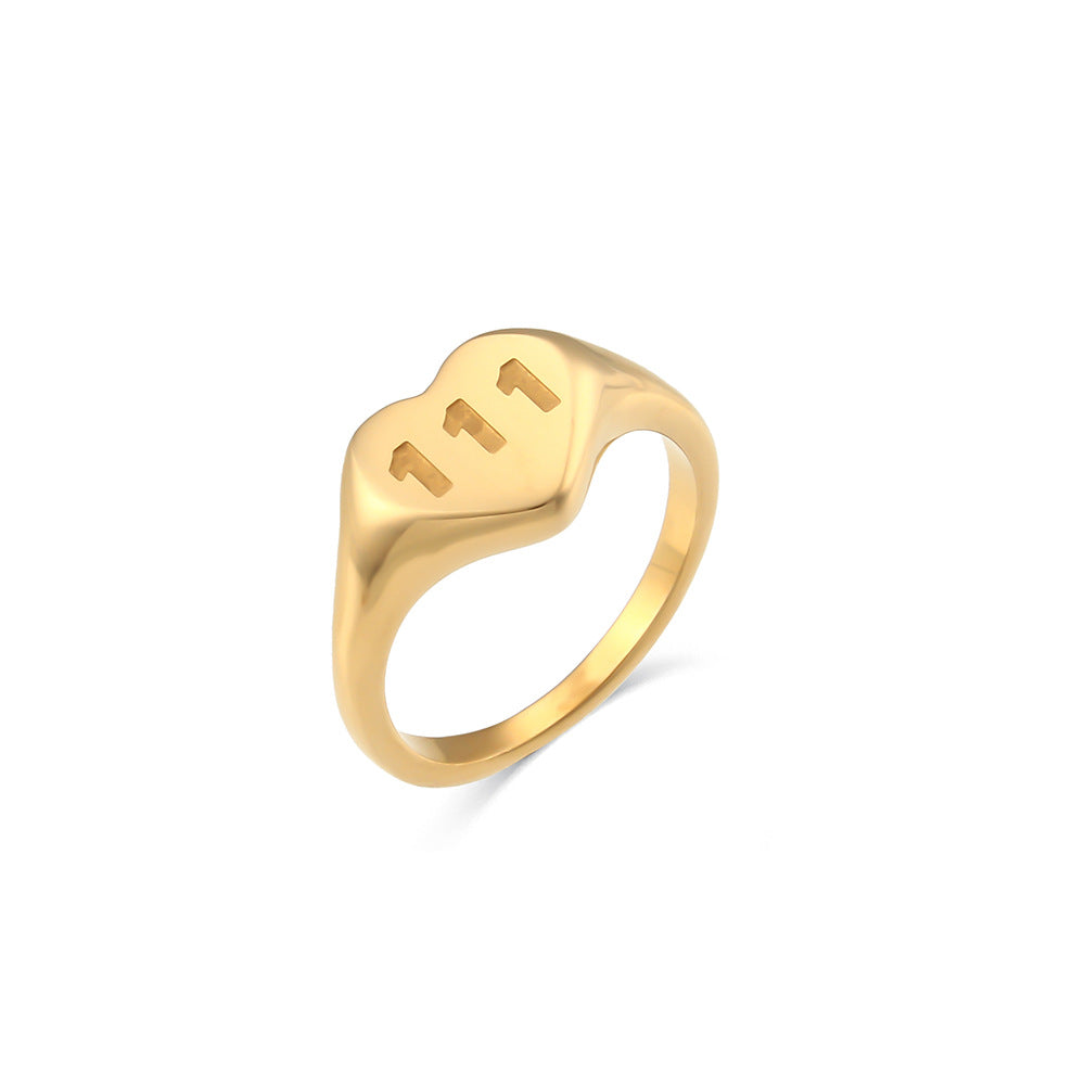 Retro Minimalist Stainless Steel Heart-Shaped Number 111 Ring with White Zirconia Inlay for Women