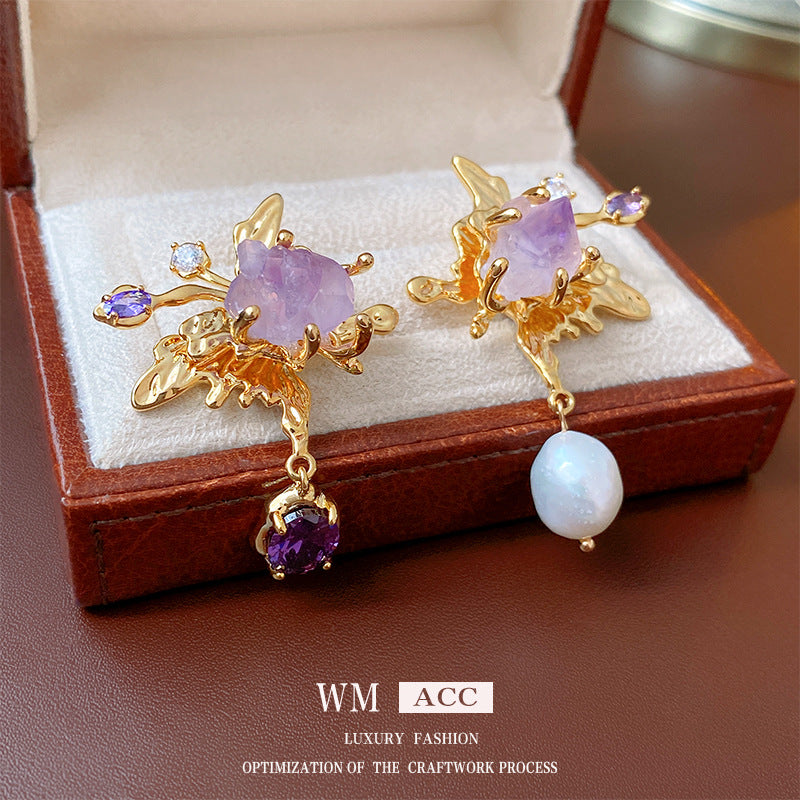 Baroque-Style Asymmetrical Freshwater Pearl and Zircon Butterfly Earrings in Sterling Silver for Women